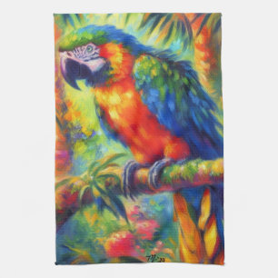 Impressionistic Tropical Parrot Bird Blue Green Kitchen Towel