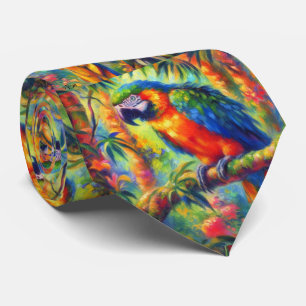 Impressionistic Tropical Parrot Bird Blue Green Tie