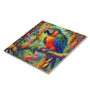 Impressionistic Tropical Parrot Bird Blue Green Tile