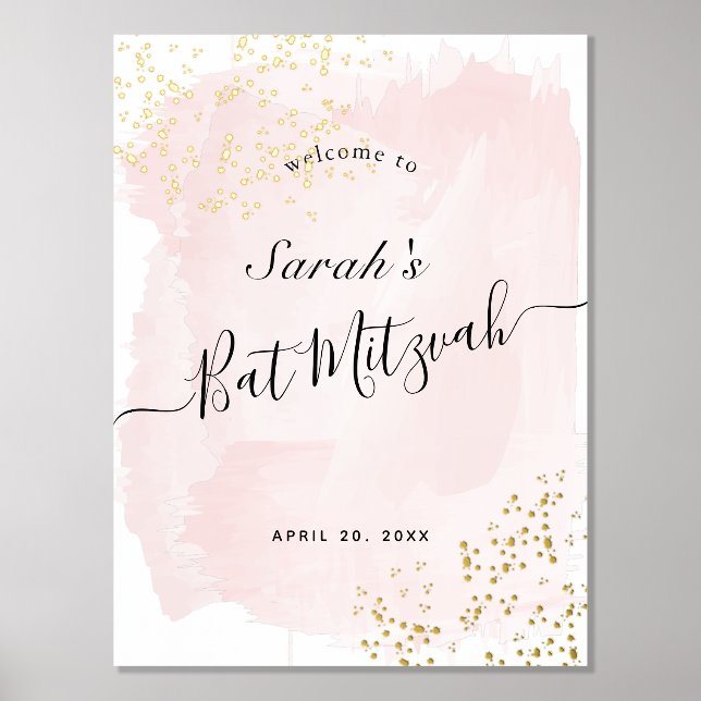Impressions Dorure Aquarelle rose x or Bat mitzvah Bienvenue (Recto)