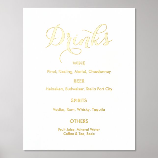 Impressions Dorure Bar à boissons mariage Menu Gold White (Recto)