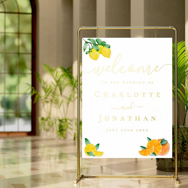 Impressions Dorure Citron et Mariage d'agrumes orange Welcome Gold (Lemon and orange citrus wedding welcome gold foil poster with watercolor & stylish typography script)