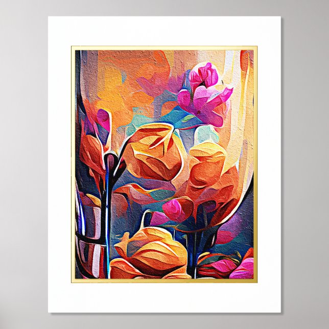 Impressions Dorure Floral Abstract Art Orange Red Blue Flowers (Recto)