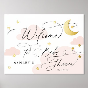 Impressions Dorure Lune et étoiles Nuages Rose Baby shower d'accueil