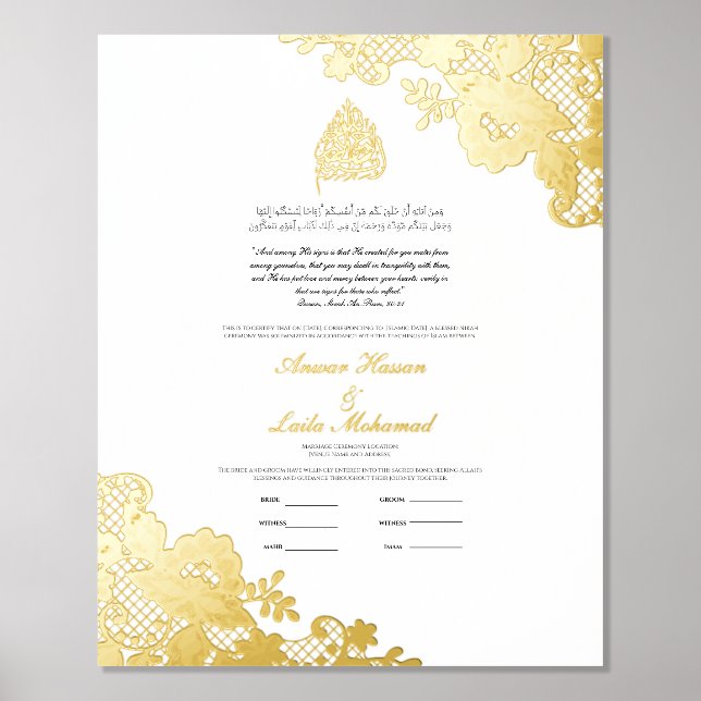 Impressions Dorure Nikah Certificat Nikkah Nama Mariage islamique (Recto)