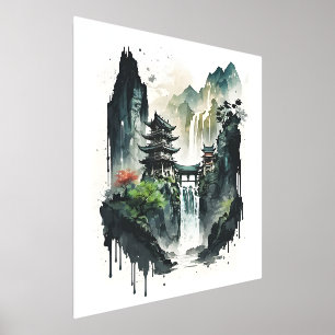 Impressions Dorure Paysage antique de l'encre chinoise avec cascade