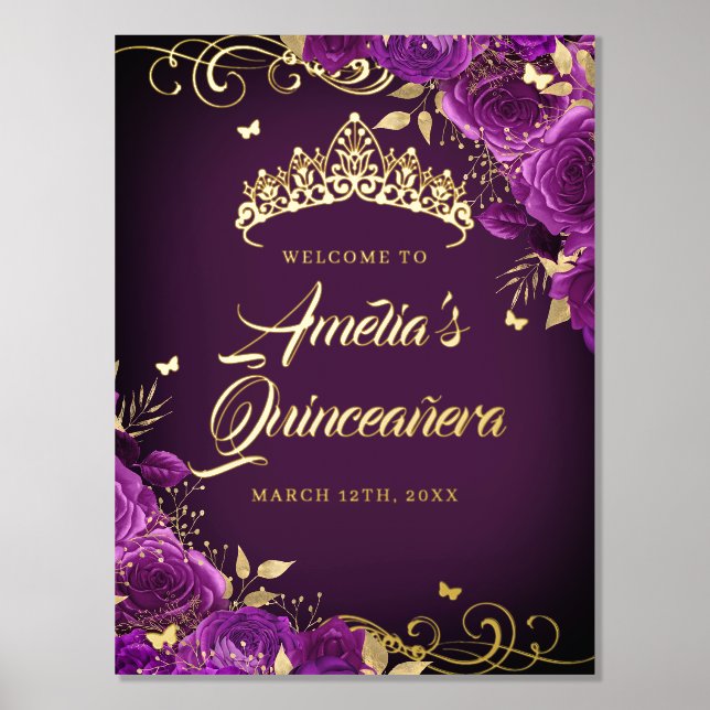 Impressions Dorure Planche violette Quinceanera Affiche de bienvenue  (Recto)