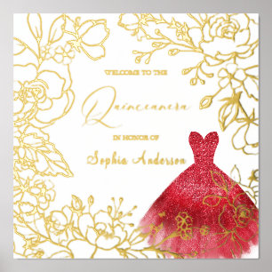 Impressions Dorure Robe rouge Or Floral Feuille Quinceanera Or