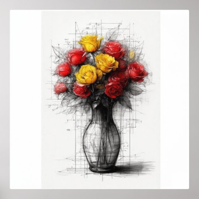 Impressions Dorure Roses Rouges Et Jaunes Modernes Dans Un Vase (Recto)