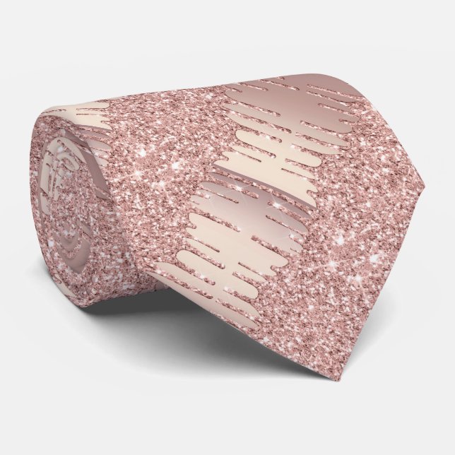 Impressive Neck Tie  Rose Gold Blush Glitter Drips (Rolled)