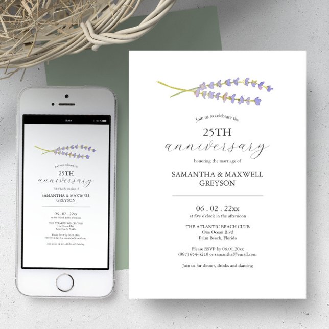Imprimable Invitations du 25e anniversaire du Mari (Wedding anniversary invitation minimalistic watercolor lavender art by Victoria Grigaliunas)
