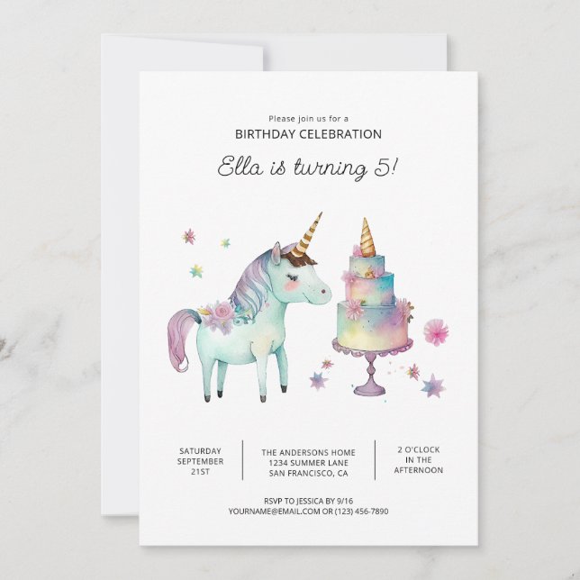 Imprimable Unicorn Invitations de fête d'anniversa (Devant)