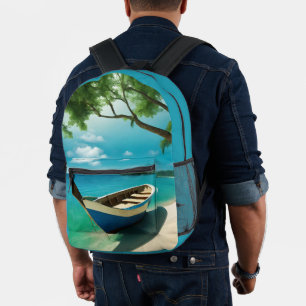 Imprimé Bateau Tropical Sandy Beach Blue Sea Sky sac à dos