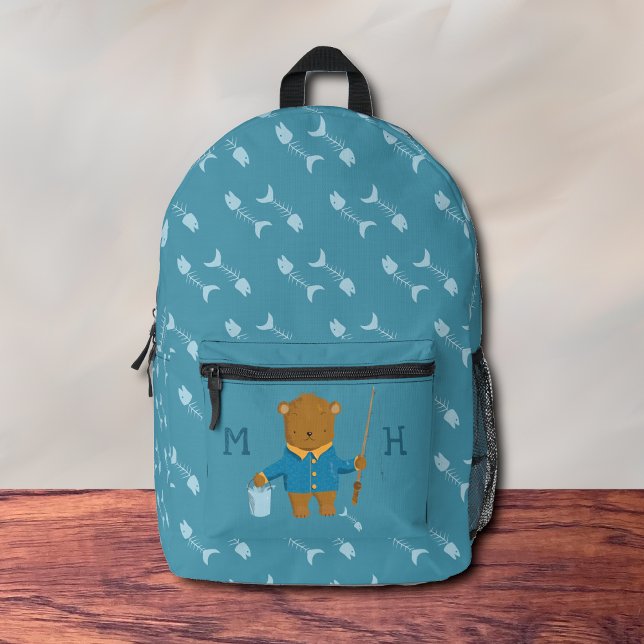 Imprimé Pêche Brown Ours Kid sac à dos bleu (Cute kid backpack with a fishing brown bear .)