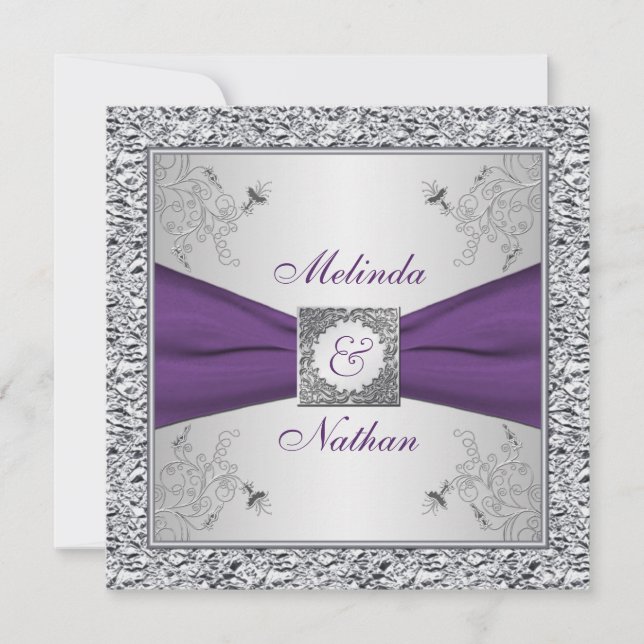 IMPRIMÉ RIBBON violet argent Faire-part de mariage (Devant)