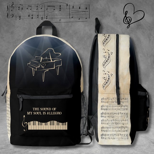 Imprimé Symphonie Musicale Noir et Brun Piano Sac à Dos (Musical Symphony Black and Tan Piano Backpack)