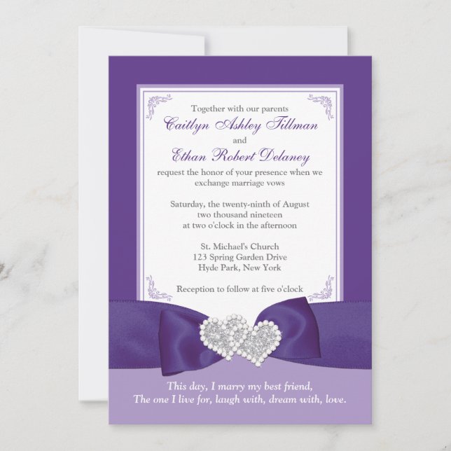 IMPRIMÉE BOW Purple White PHOTO Invitation de mari (Devant)