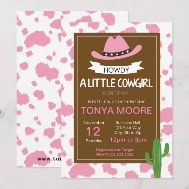 Imprimer Invitation Baby shower Cowgirl (Devant / Derrière)