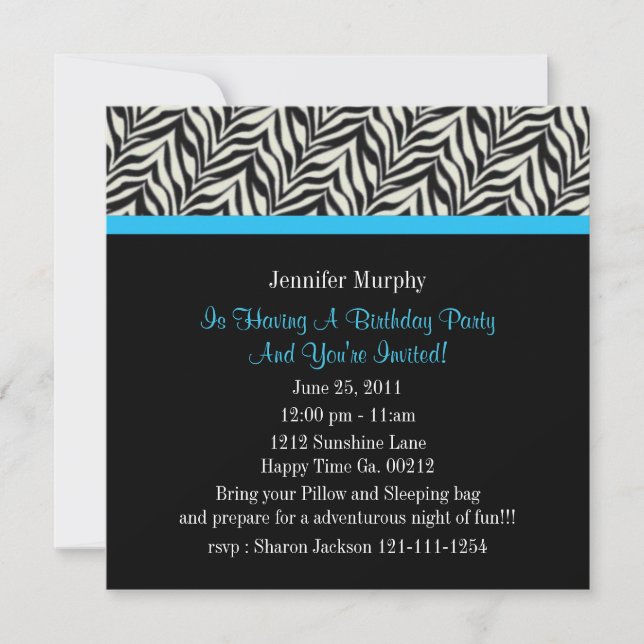 Imprimer Invitations de fête d'anniversaire Zebra (Devant)