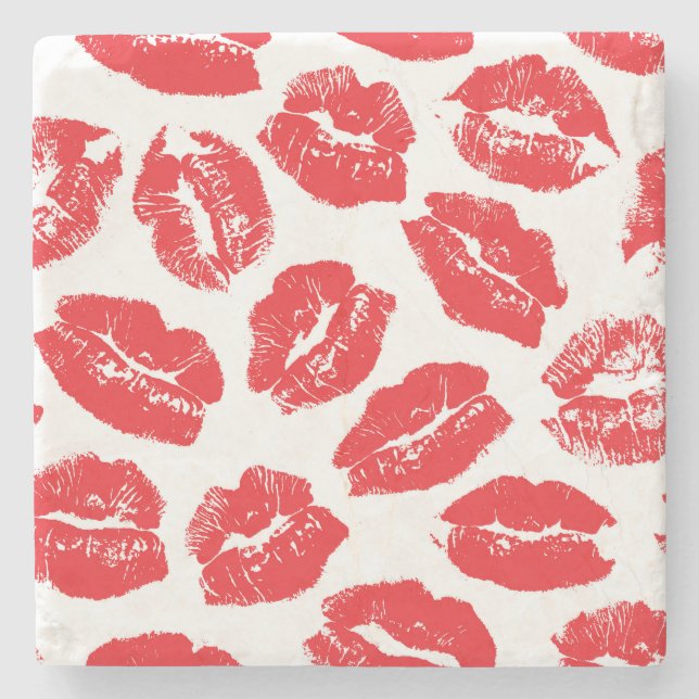 Imprint Kiss Red Lips: Vintage Seamless Stone Coaster (Front)
