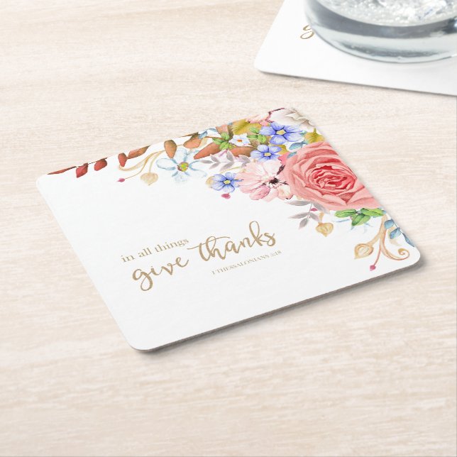 In All Things Give Thanks - 1 Thes. 5:18 Square Paper Coaster (Angled)