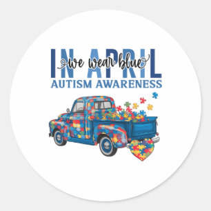 In April We Wear Blue Autism Awareness Truck Puzzl Classic Round Sticker