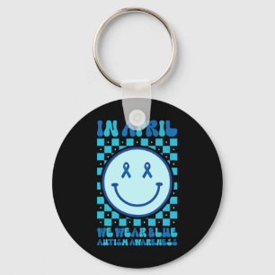 In April We Wear Blue Retro Groovy Autism Awarenes Keychain