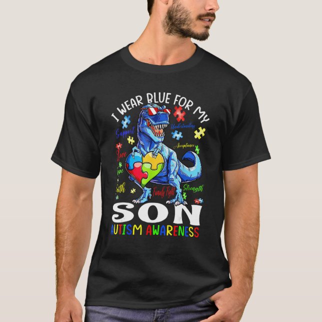 In April We Wear Blue Rex Dinosaur Autism Awarenes T-Shirt (Front)