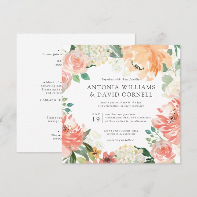In bloom | All in one Peach Pink Botanical wedding Invitation (Front/Back)