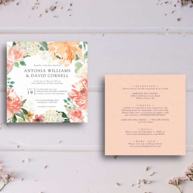 In bloom | All in one Peach Pink Botanical wedding Invitation (ALL IN ONE WEDDING MOCKUP WITH MODERN LAYOUT AND FLOWERS)