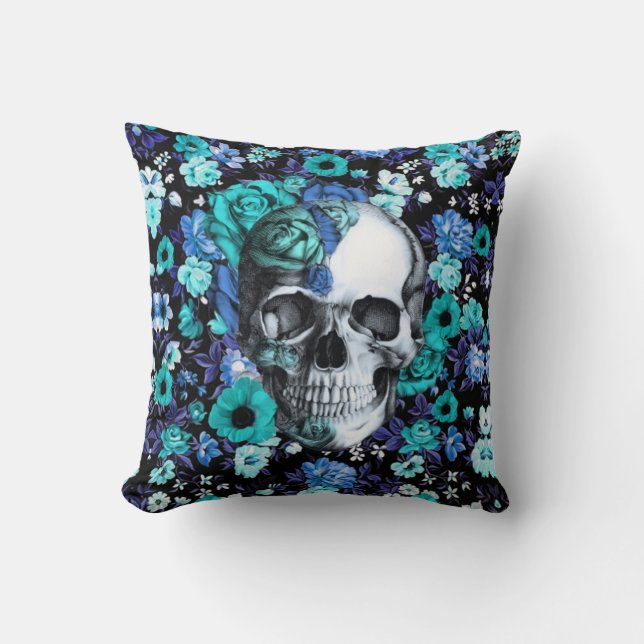 In bloom, teal and navy rose skull with daisies throw pillow (Front)