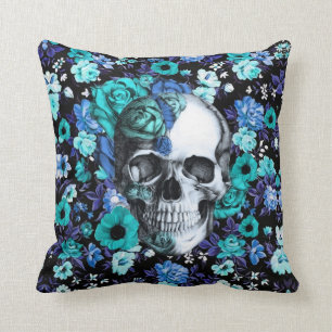 In bloom, teal and navy rose skull with daisies throw pillow