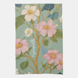 In Blossom: Pastel Branch with Pink Flowers Kitchen Towel
