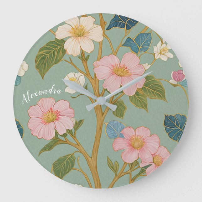 In Blossom: Pastel Branch with Pink Flowers Large Clock (Front)