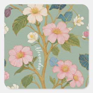 In Blossom: Pastel Branch with Pink Flowers Square Sticker