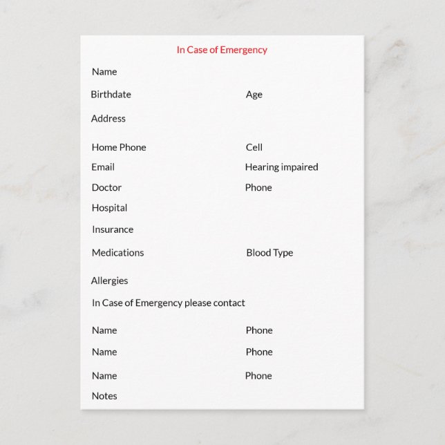 In Case of Emergency Contact Postcard (Front)