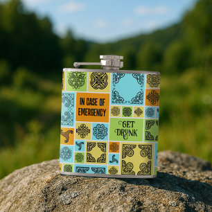 In Case Of Emergency Get Drunk Funny Orange & Blue Hip Flask