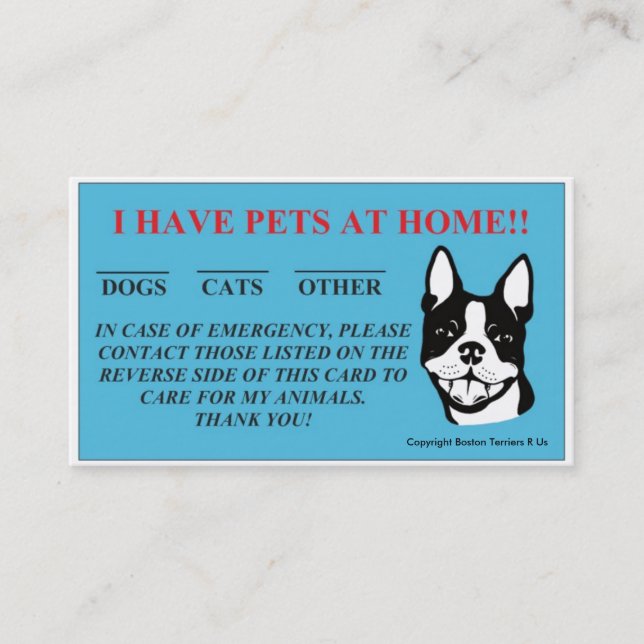 "In Case Of Emergency, I Have Pets At Home" Cards (Front)