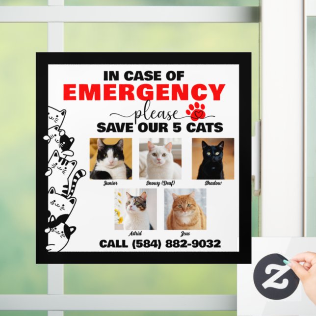 In Case of Emergency Save 5 Cats With Custom Photo Window Cling (Home)