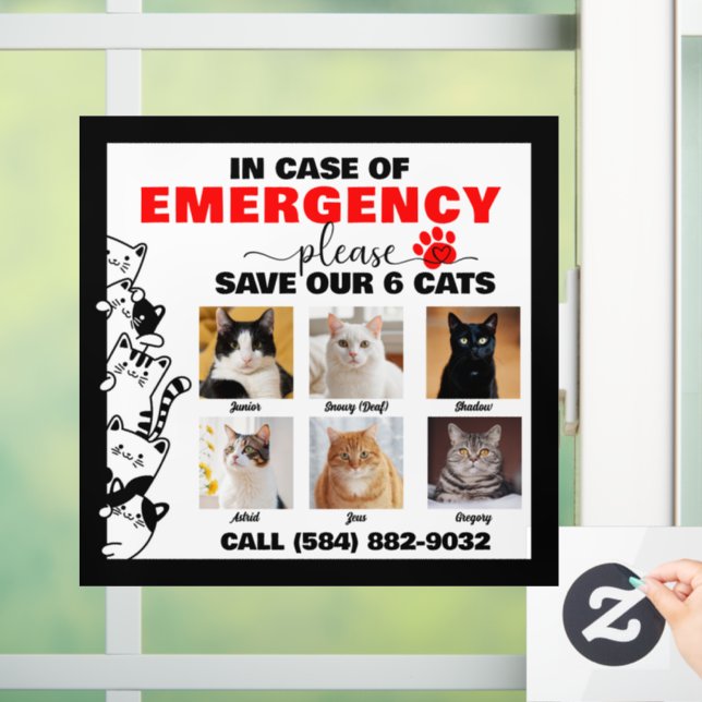 In Case of Emergency Save 6 Cats With Custom Photo Window Cling (Home)