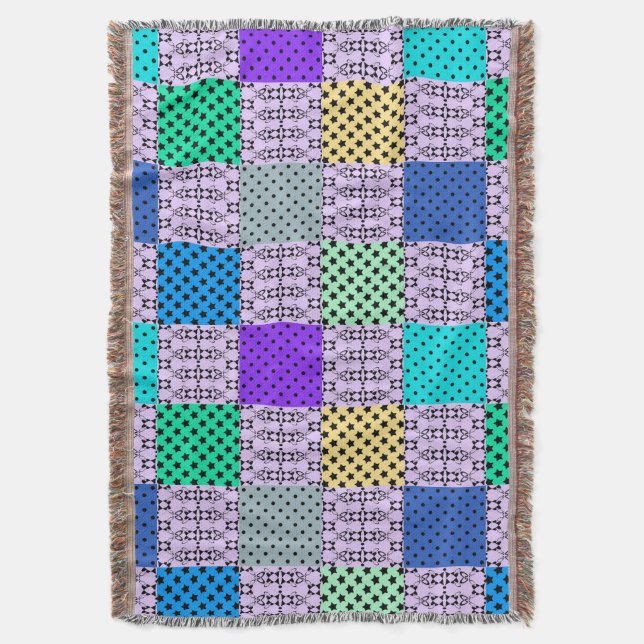 In dark multi-coloured tones, retro geometric throw blanket (Front Vertical)