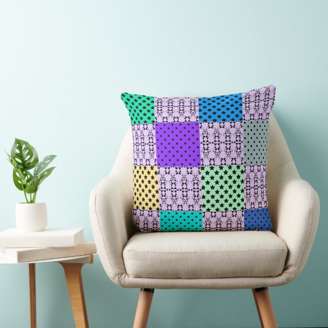 In dark multi-coloured tones, retro geometric throw pillow (Chair)