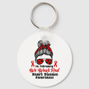 In February We Wear Red Messy Bun Heart Disease Aw Keychain