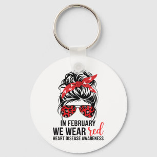 In February We Wear Red Messy Bun - Heart Disease Keychain