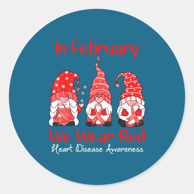 In February We Wear Red Three Gnomes Heart Disease Classic Round Sticker (Front)