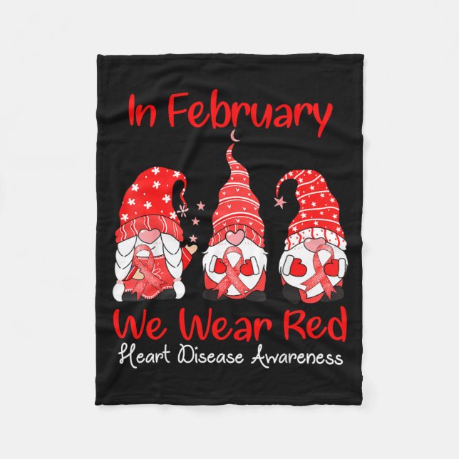 In February We Wear Red Three Gnomes Heart Disease Fleece Blanket (Front)