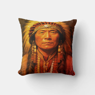 In Full Dress a Native American Indian Chief on a  Throw Pillow