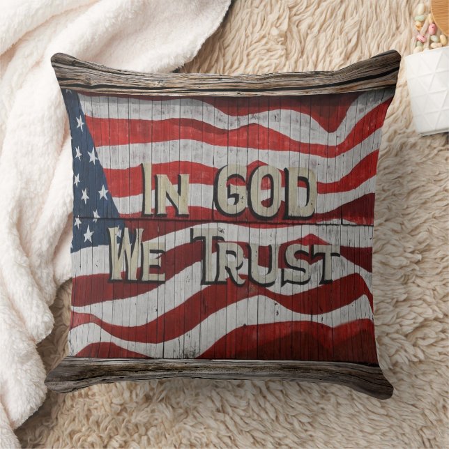In God We Trust Rustic Barn Board American Flag Th Throw Pillow (Blanket)