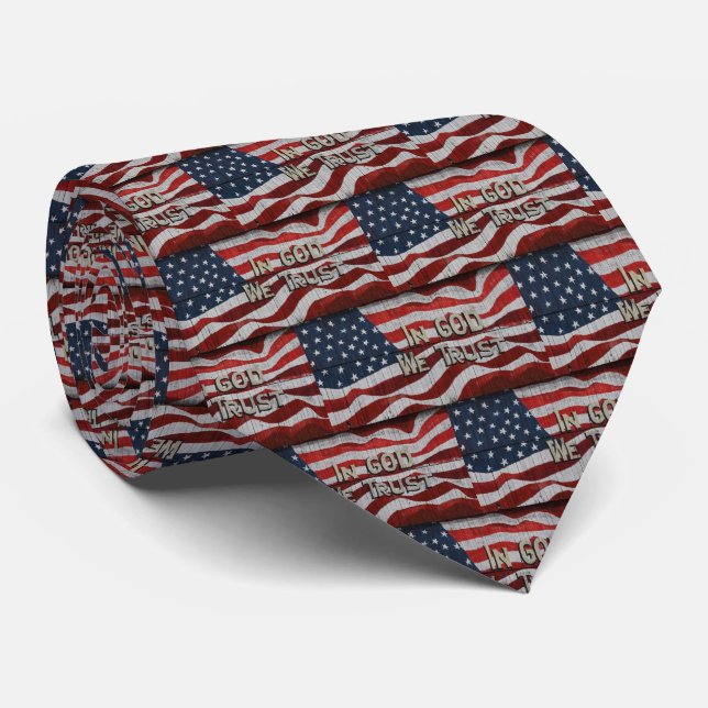 In God We Trust Rustic Barn Board American Flag Tie (Rolled)