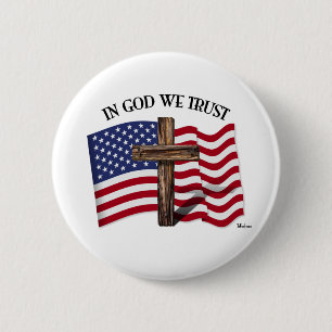 In God We Trust with rugged cross and US flag 2 Inch Round Button